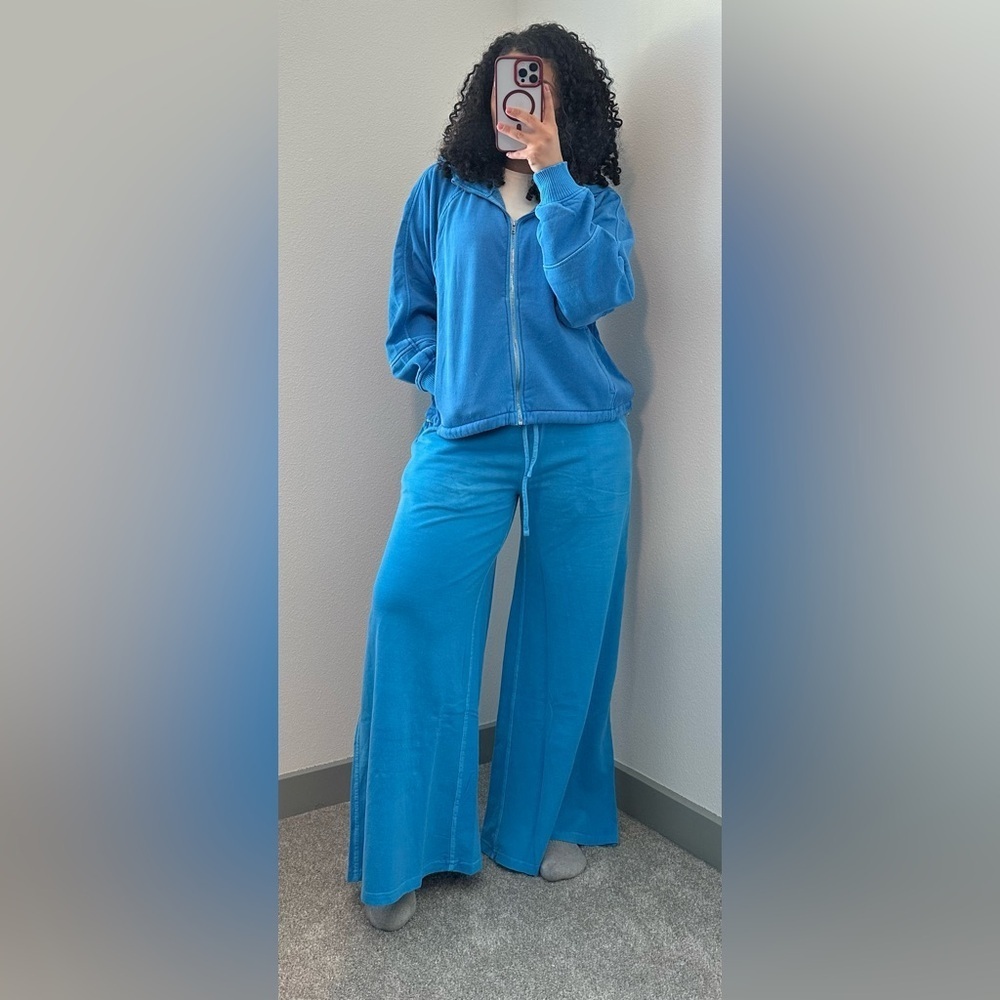 NEW Zenana Ocean Blue Wide Leg Sweatpants Hoodie Lounge Set Cozy Fleece Large - Picture 3 of 3